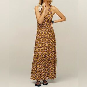 Anthropologie Maeve Mikaela Printed-Tiered‎ Halterneck Maxi Dress Size L